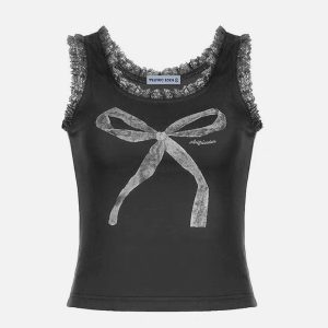 Bow Print Lace Tank Top - Y2K Aesthetic Cute Top for Coquette and Grunge Styles