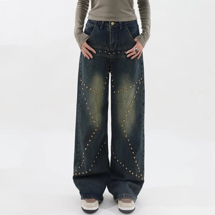 Brown Star Rivet Y2K Jeans - Trendy Grunge Aesthetic Denim for Stylish Outfits