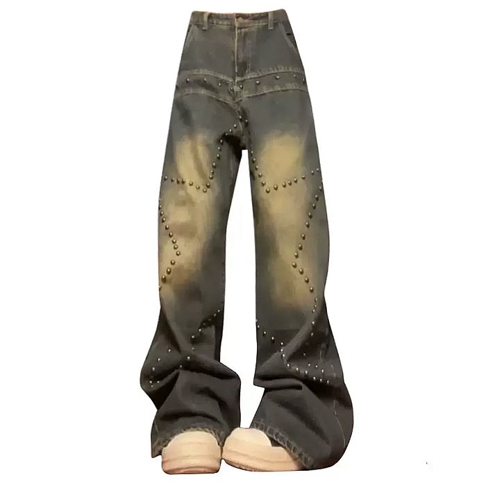 Brown Star Rivet Y2K Jeans - Trendy Grunge Aesthetic Denim for Stylish Outfits