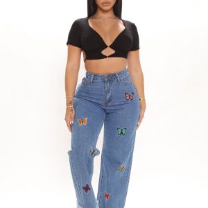 Butterfly Embroidered Straight Leg Jeans - Y2K Aesthetic Denim for Trendy Outfits