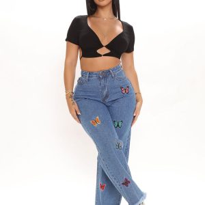 Butterfly Embroidered Straight Leg Jeans - Y2K Aesthetic Denim for Trendy Outfits