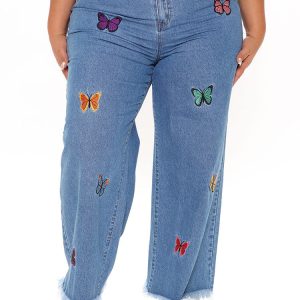 Butterfly Embroidered Straight Leg Jeans - Y2K Aesthetic Denim for Trendy Outfits