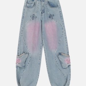 Butterfly Pocket Y2K Washed Jeans for a Cute Coquette Aesthetic Look