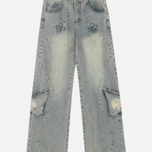 Butterfly Pocket Y2K Washed Jeans for a Cute Coquette Aesthetic Look