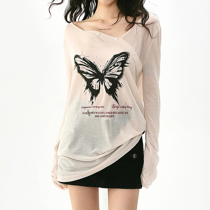 Butterfly Print Sheer Top - Y2K Aesthetic Cute Crop Top for Trendy Outfits