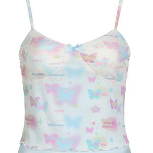 Butterfly Print Y2K Crop Top - Cute Aesthetic Tank for Coquette and Grunge Styles