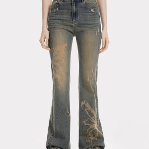 Butterfly Print Y2K Washed Jeans for a Cute Coquette Aesthetic Look