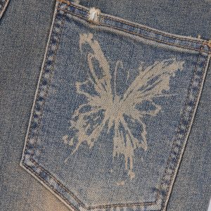 Butterfly Print Y2K Washed Jeans for a Cute Coquette Aesthetic Look