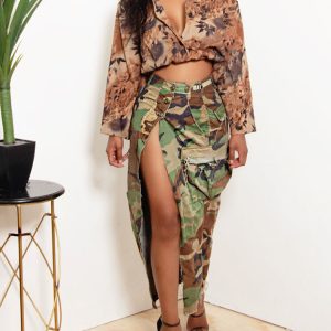 Camo Denim High Split Skirt - Y2K Aesthetic Cargo Style for Trendy Outfits