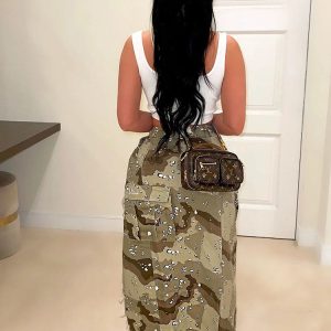 Camo Denim High Split Skirt - Y2K Aesthetic Cargo Style for Trendy Outfits