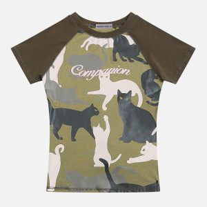 Camouflage Cat Print Tee - Y2K Aesthetic Cute Top for Grunge and Coquette Styles