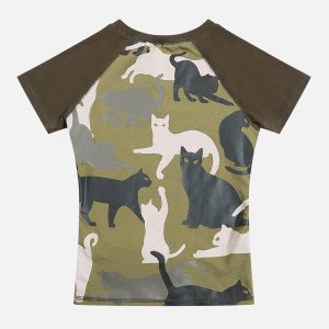 Camouflage Cat Print Tee - Y2K Aesthetic Cute Top for Grunge and Coquette Styles