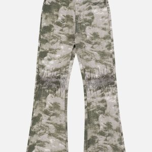 Camouflage Embroidered Y2K Jeans for Grunge Aesthetic and Coquette Style Outfits