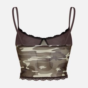 Camouflage Lace Cami Top - Y2K Aesthetic Cute Layering Piece for Grunge and Coquette Styles