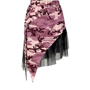 Camouflage Mesh Patchwork Irregular Skirt - Y2K Aesthetic Grunge Style Fashion Statement