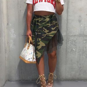 Camouflage Mesh Patchwork Irregular Skirt - Y2K Aesthetic Grunge Style Fashion Statement