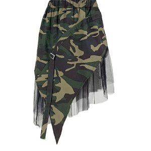 Camouflage Mesh Patchwork Irregular Skirt - Y2K Aesthetic Grunge Style Fashion Statement