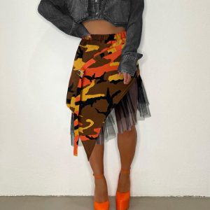 Camouflage Mesh Patchwork Irregular Skirt - Y2K Aesthetic Grunge Style Fashion Statement