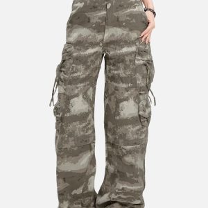 Camouflage Multi Pocket Cargo Pants for Y2K Aesthetic and Grunge Style Outfits