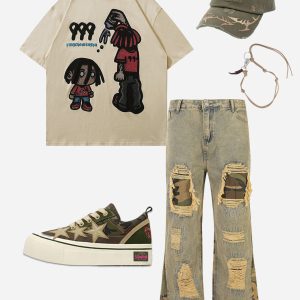 Camouflage Patchwork Distressed Jeans for Y2K Aesthetic and Grunge Style Outfits