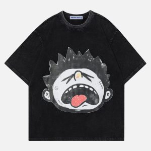 Cartoon Boy Print Vintage Washed Tee - Y2K Aesthetic Cute Top for Trendy Outfits