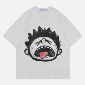 Cartoon Boy Print Vintage Washed Tee - Y2K Aesthetic Cute Top for Trendy Outfits