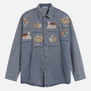 Cartoon Embroidered Y2K Denim Long Sleeve Shirt for Cute Aesthetic Outfits