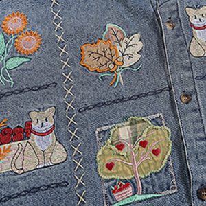 Cartoon Embroidered Y2K Denim Long Sleeve Shirt for Cute Aesthetic Outfits