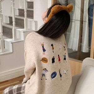 Cartoon Embroidered Y2K Knitted Sweater - Cute Aesthetic Top for Cozy Outfits