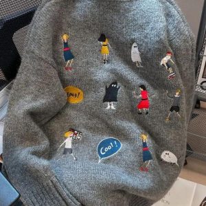 Cartoon Embroidered Y2K Knitted Sweater - Cute Aesthetic Top for Cozy Outfits