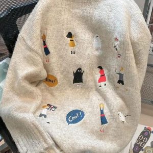 Cartoon Embroidered Y2K Knitted Sweater - Cute Aesthetic Top for Cozy Outfits