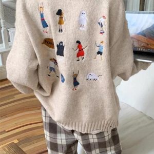 Cartoon Embroidered Y2K Knitted Sweater - Cute Aesthetic Top for Cozy Outfits