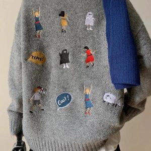 Cartoon Embroidered Y2K Knitted Sweater - Cute Aesthetic Top for Cozy Outfits