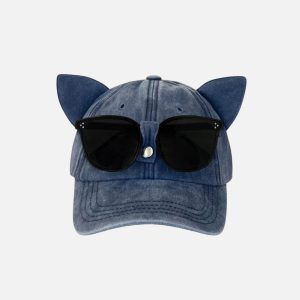 Cat Ear Washed Cap with Sunglasses - Trendy Y2K Aesthetic Accessory for Stylish Outfits