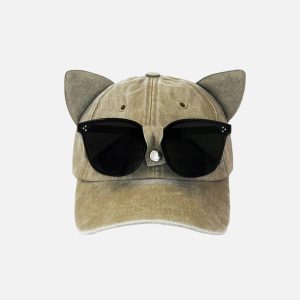 Cat Ear Washed Cap with Sunglasses - Trendy Y2K Aesthetic Accessory for Stylish Outfits