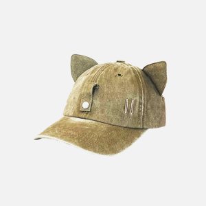 Cat Ear Washed Cap with Sunglasses - Trendy Y2K Aesthetic Accessory for Stylish Outfits