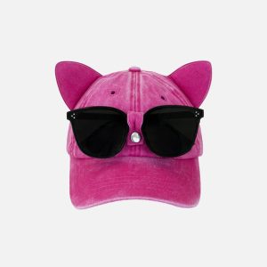 Cat Ear Washed Cap with Sunglasses - Trendy Y2K Aesthetic Accessory for Stylish Outfits