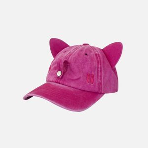 Cat Ear Washed Cap with Sunglasses - Trendy Y2K Aesthetic Accessory for Stylish Outfits