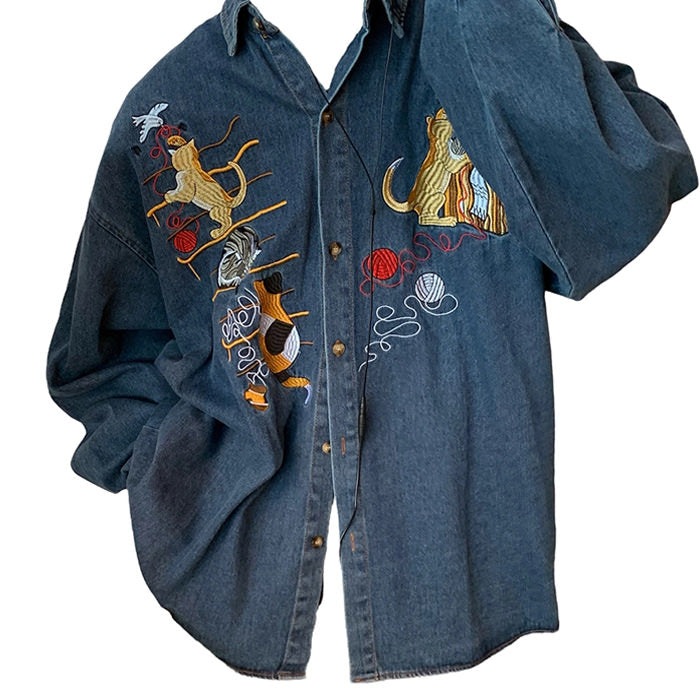 Cat Embroidery Y2K Vintage Denim Shirt - Cute Aesthetic Top for Coquette and Grunge Styles