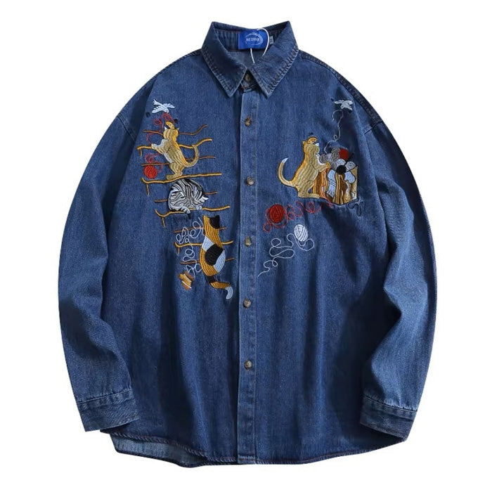 Cat Embroidery Y2K Vintage Denim Shirt - Cute Aesthetic Top for Coquette and Grunge Styles