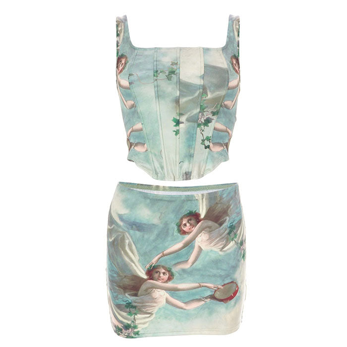 Celestial Cherub Y2K Corset Top & Skirt Set for Coquette Aesthetic Outfits