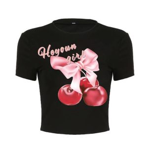 Cherry Graphic Crop Tee with Round Neck and Bowknot Detail - Y2K Aesthetic Top