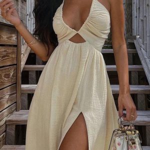 Chic Backless Criss Cross Split Midi Dress for Y2K Fashion & Coquette Aesthetic