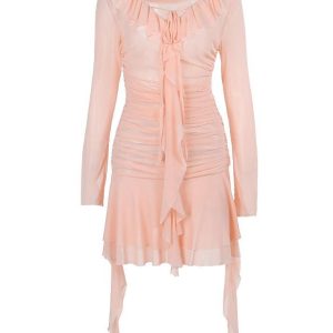 Chic Bell Sleeve V-Neck Ruffled-Trim Ruched Mini Dress for Y2K and Coquette Aesthetic