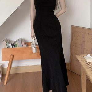 Chic Black and Gold Sling Maxi Dress for Effortless Y2K Fashion Elegance