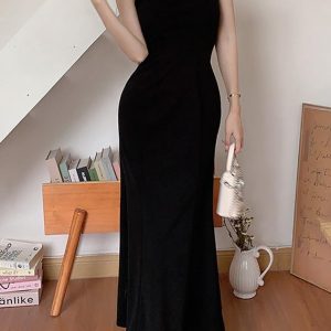 Chic Black and Gold Sling Maxi Dress for Effortless Y2K Fashion Elegance