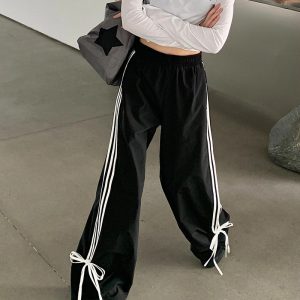 Chic Bow Tie Side Stripe Pants for Y2K Aesthetic and Coquette Style Outfits