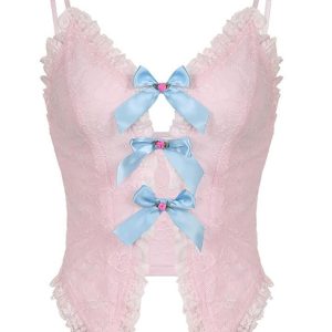 Chic Center Front Bow Cutout Lace Cami Top for Y2K Fashion & Coquette Aesthetic