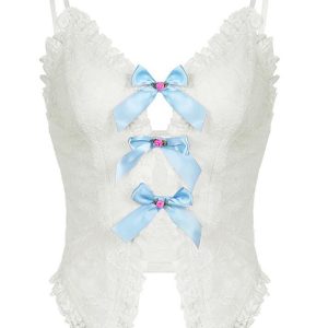 Chic Center Front Bow Cutout Lace Cami Top for Y2K Fashion & Coquette Aesthetic