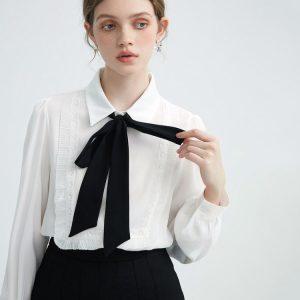 Chic Coquette Ruffle Bow Tie Neck Shirt for Y2K Fashion Lovers